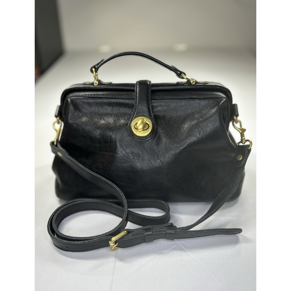 House Of Leather Black Doctor Handbag Gold Twist Lock Handle Detachable Strap